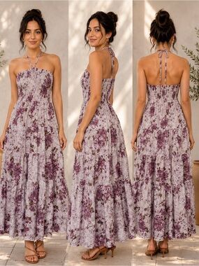 It’s Italian Purple Floral Halter Smocked Maxi Dress